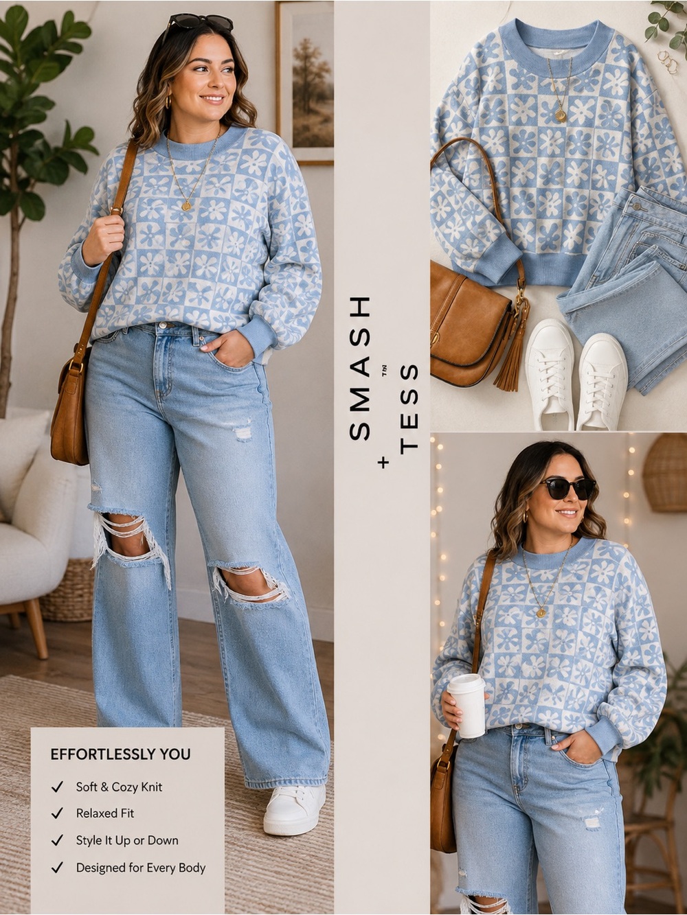 🩵 Smash + Tess Light Blue Patterned Knit Sweater